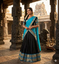 Elegant Teal Blue Saree with Black Skirt & Gold Border | Classic Temple Style Outfit