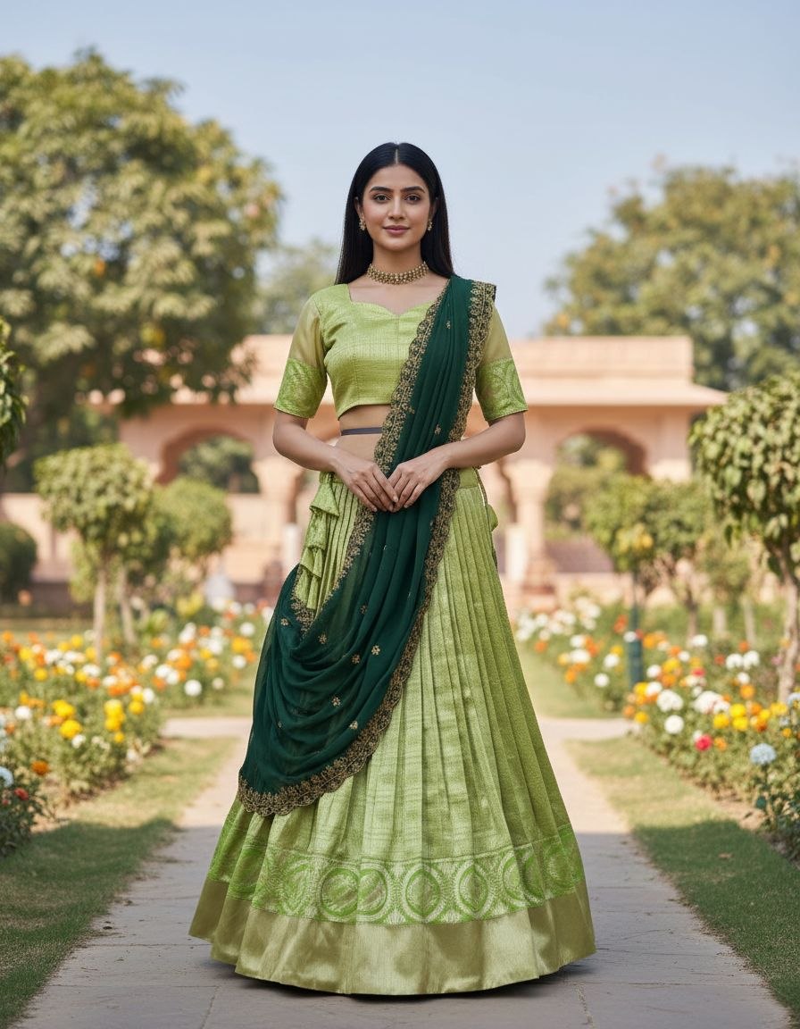 Vibrant Lime Green and Dark Green Traditional Kanchipuram Silk Lehenga Choli Set