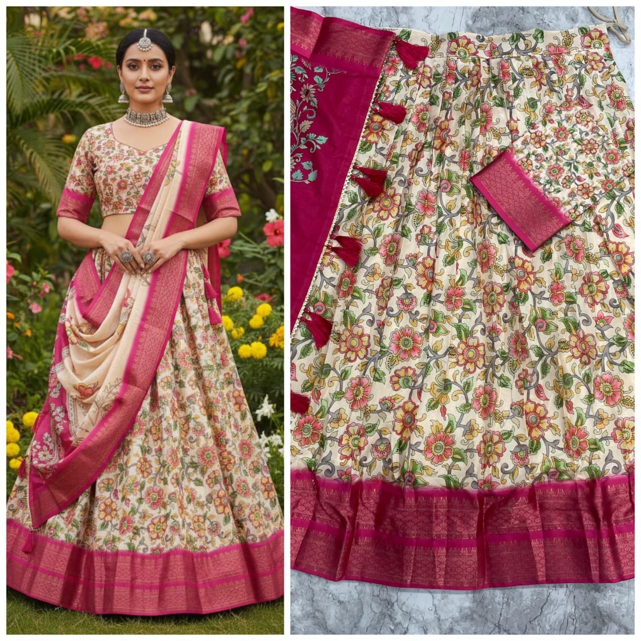 Cream & Magenta Patola Silk Half Saree Set with Traditional Zari Border and Hand-Painted Style Pallu