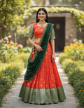 Traditional Orange and Green Pattu Half Saree Set with Silver Butti Work