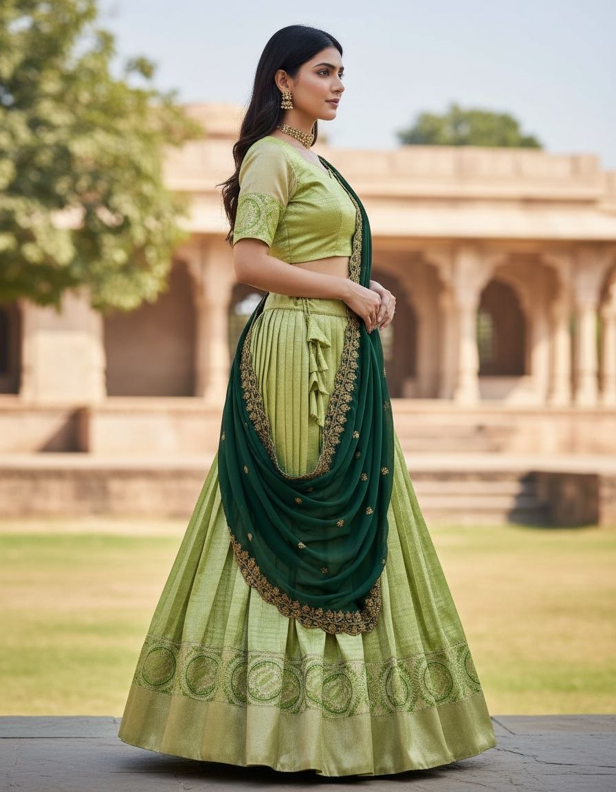 Vibrant Lime Green and Dark Green Traditional Kanchipuram Silk Lehenga Choli Set