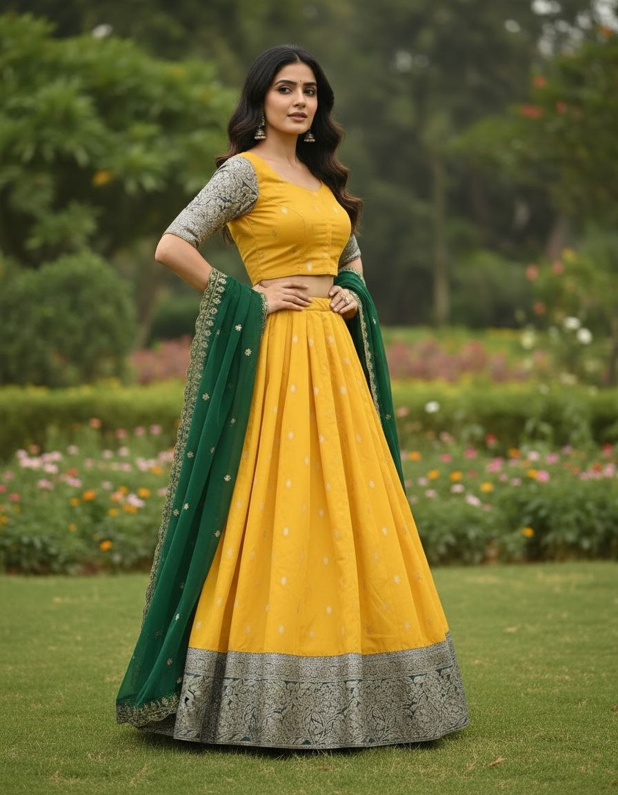 Handcrafted Yellow Silk Lehenga with intricate Banarasi zari work