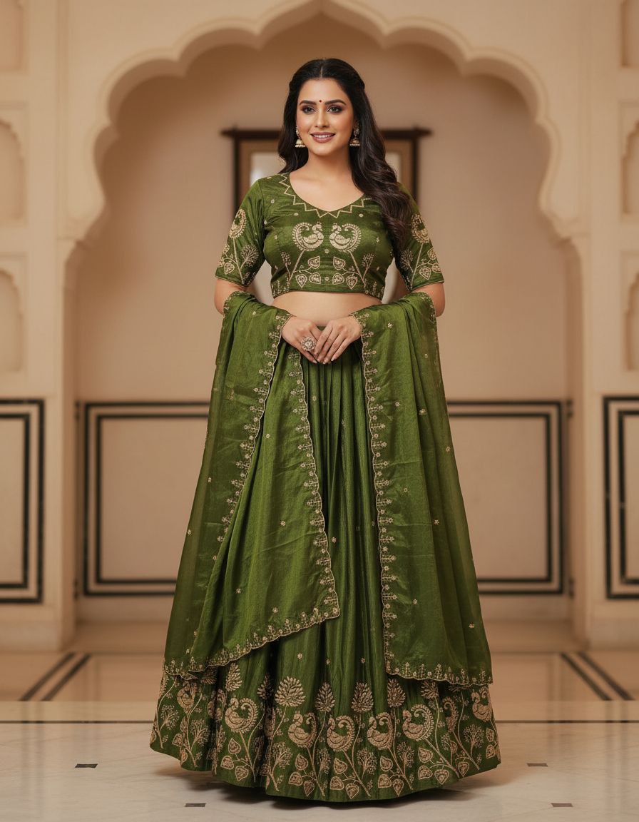 Olive Green pleated Silk Lehenga Set with Peacock and Floral Zari Embroidery