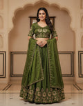 Olive Green pleated Silk Lehenga Set with Peacock and Floral Zari Embroidery