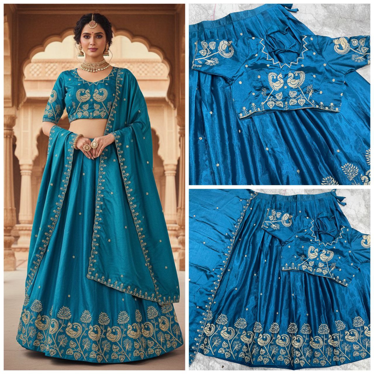 Radiant Teal Blue Silk Lehenga Choli with Traditional Peacock Zari Embroidery