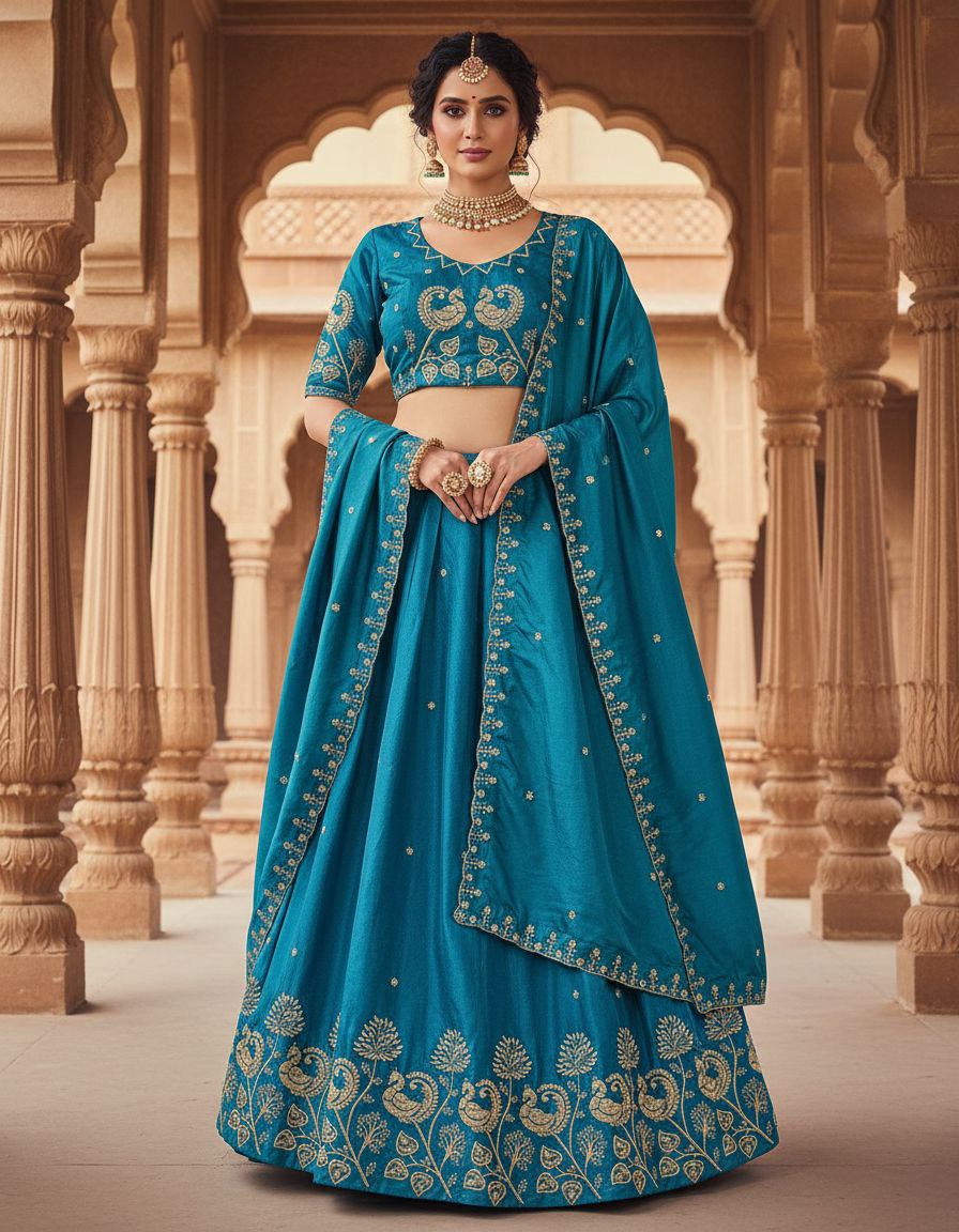 Radiant Teal Blue Silk Lehenga Choli with Traditional Peacock Zari Embroidery