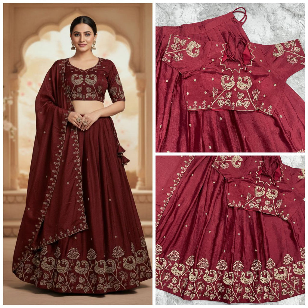 Metaphysical Maroon: Gilded Peacock Lehenga and Choli with Zardozi Work