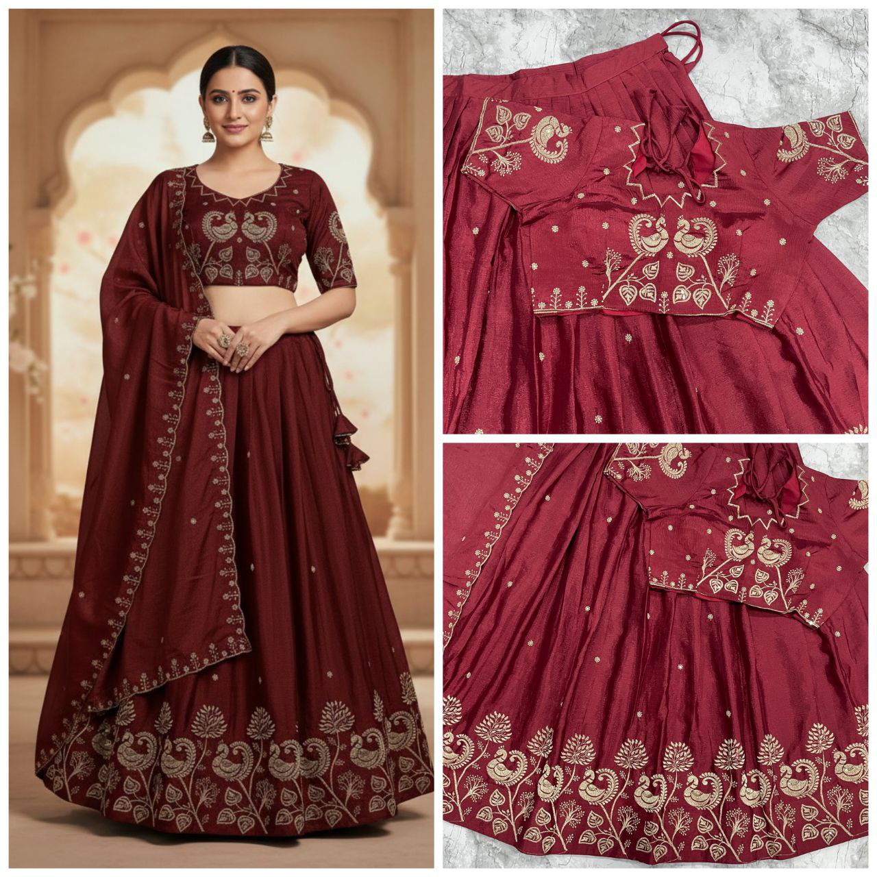 Metaphysical Maroon: Gilded Peacock Lehenga and Choli with Zardozi Work