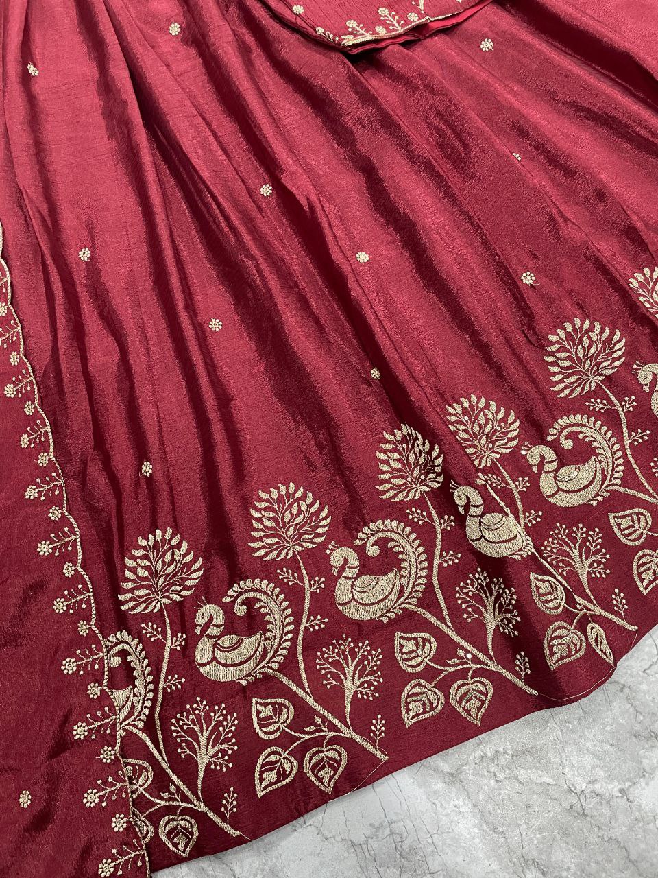 Metaphysical Maroon: Gilded Peacock Lehenga and Choli with Zardozi Work
