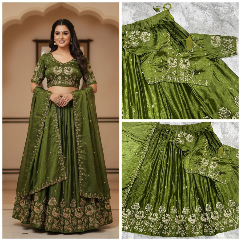 Olive Green pleated Silk Lehenga Set with Peacock and Floral Zari Embroidery