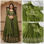 Olive Green pleated Silk Lehenga Set with Peacock and Floral Zari Embroidery