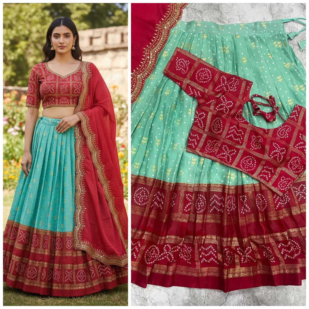 Classic Mint & Maroon Bandhani Lehenga