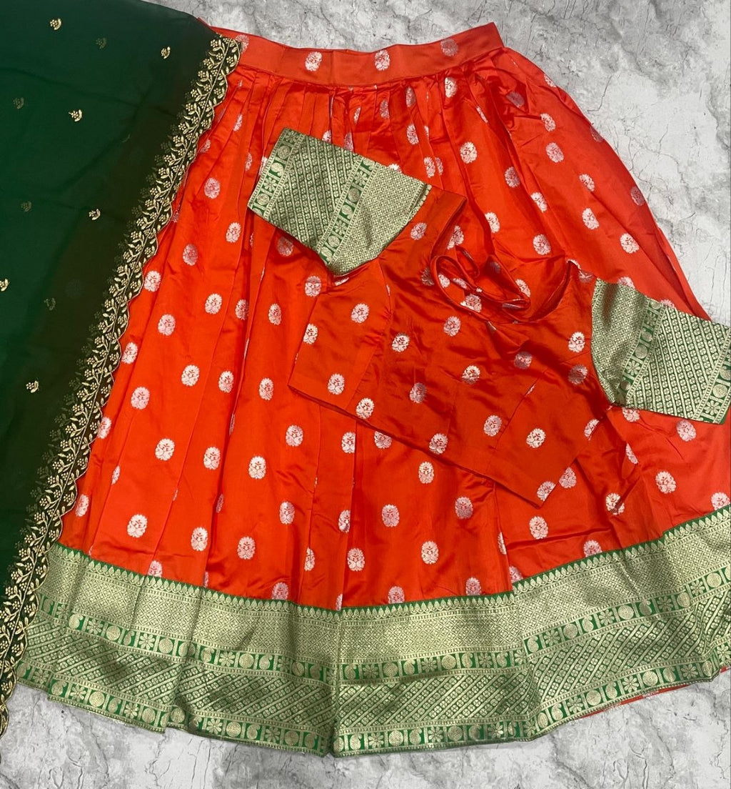 Traditional Orange and Green Pattu Half Saree Set with Silver Butti Work