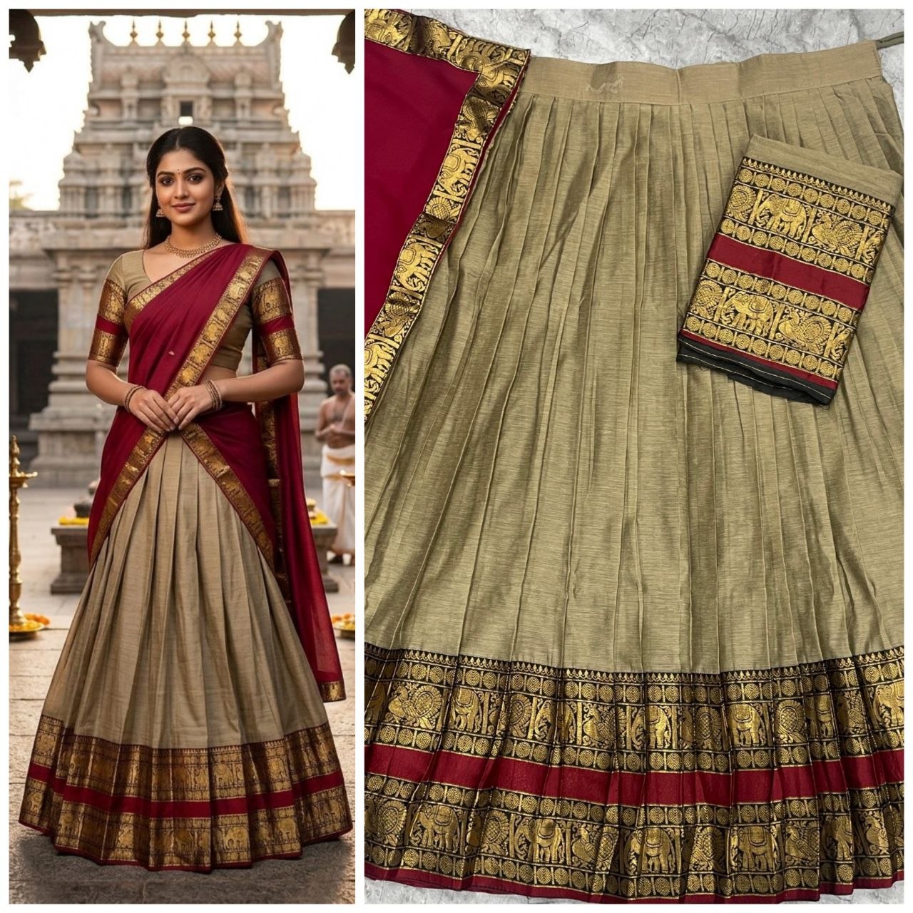 Royal Beige Silk Lehenga with Red & Gold Border | Elegant South Indian Festive Wear
