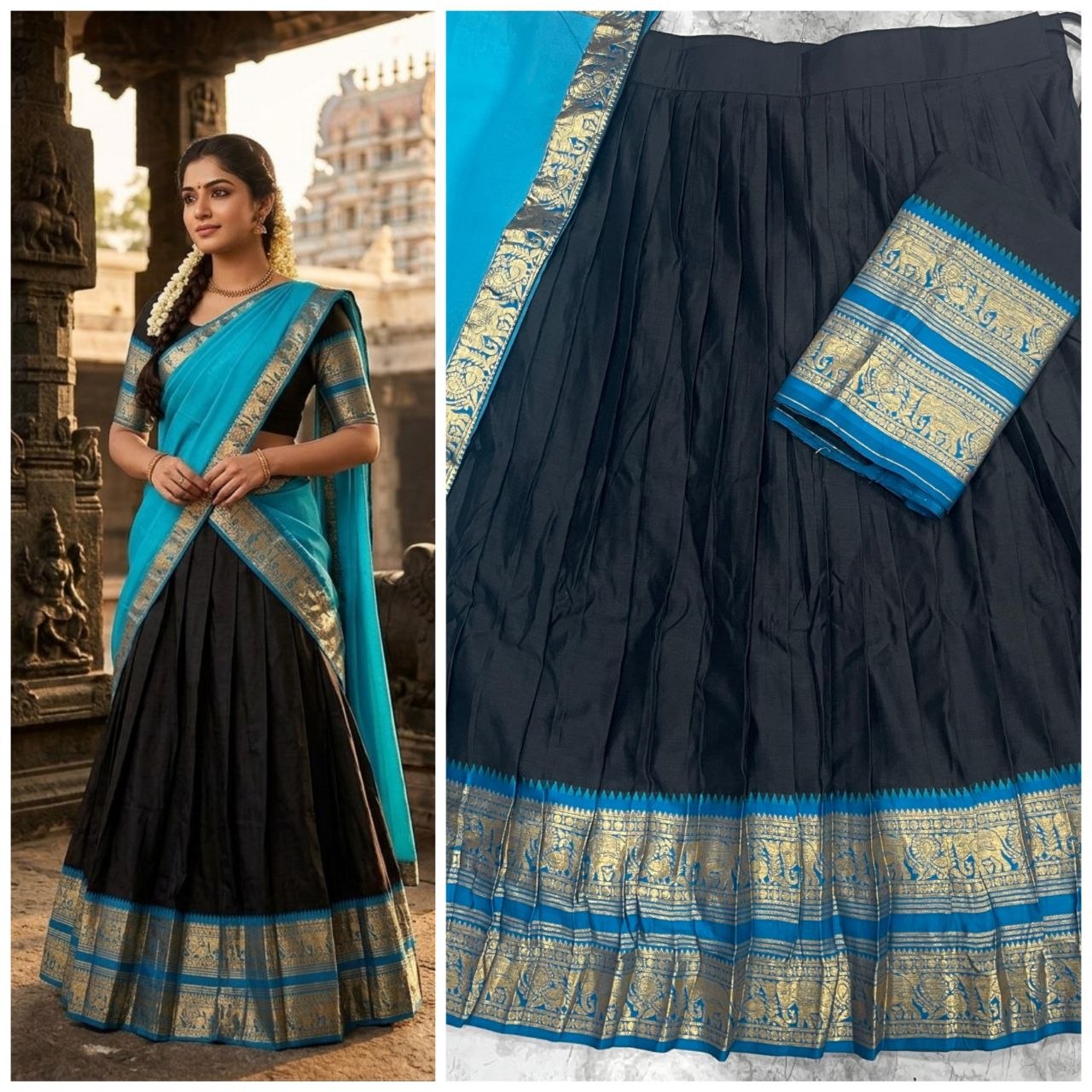 Elegant Teal Blue Saree with Black Skirt & Gold Border | Classic Temple Style Outfit