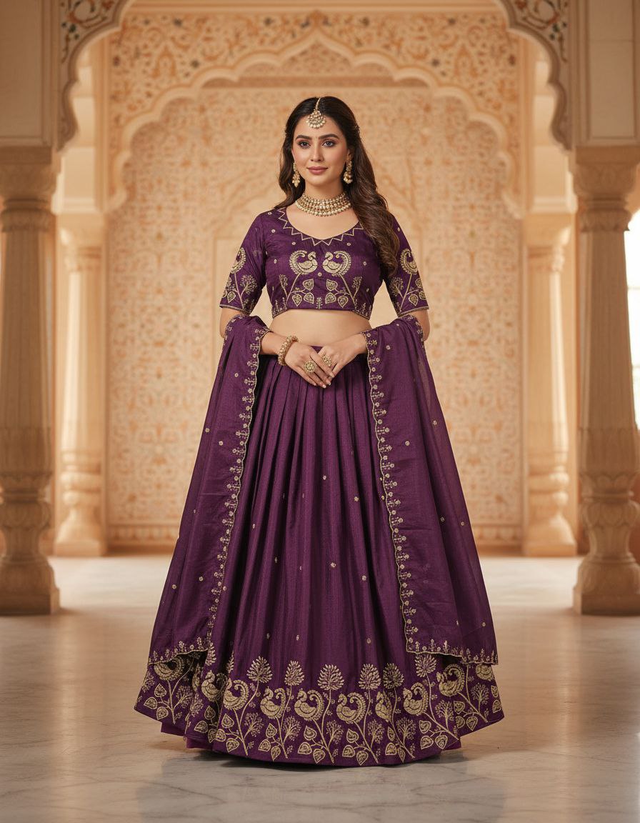 Royal Purple Peacock: Zardozi Embroidered Lehenga Choli Set