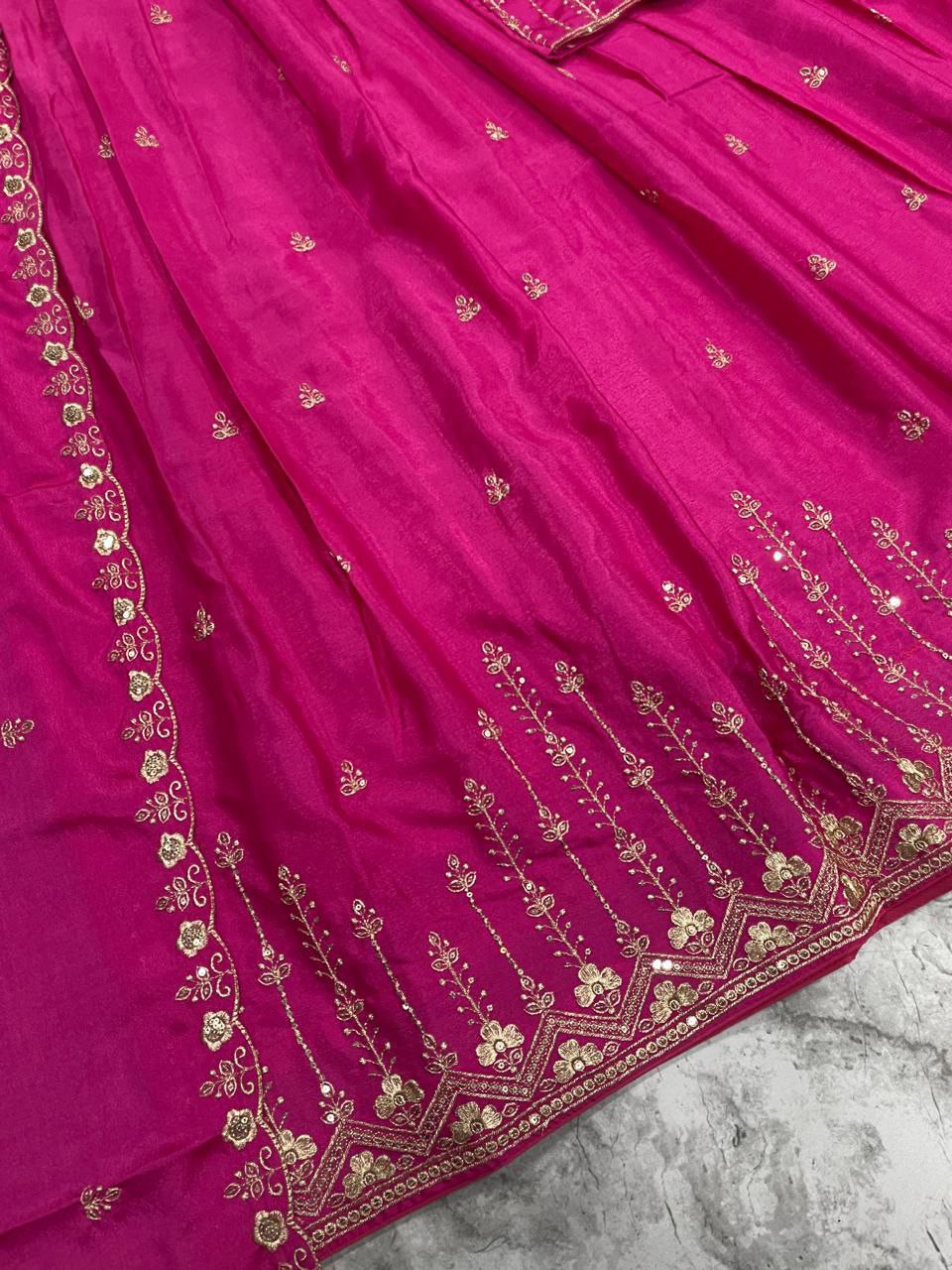 Elegant Silk Lehenga Set with intricate gold floral embroidery