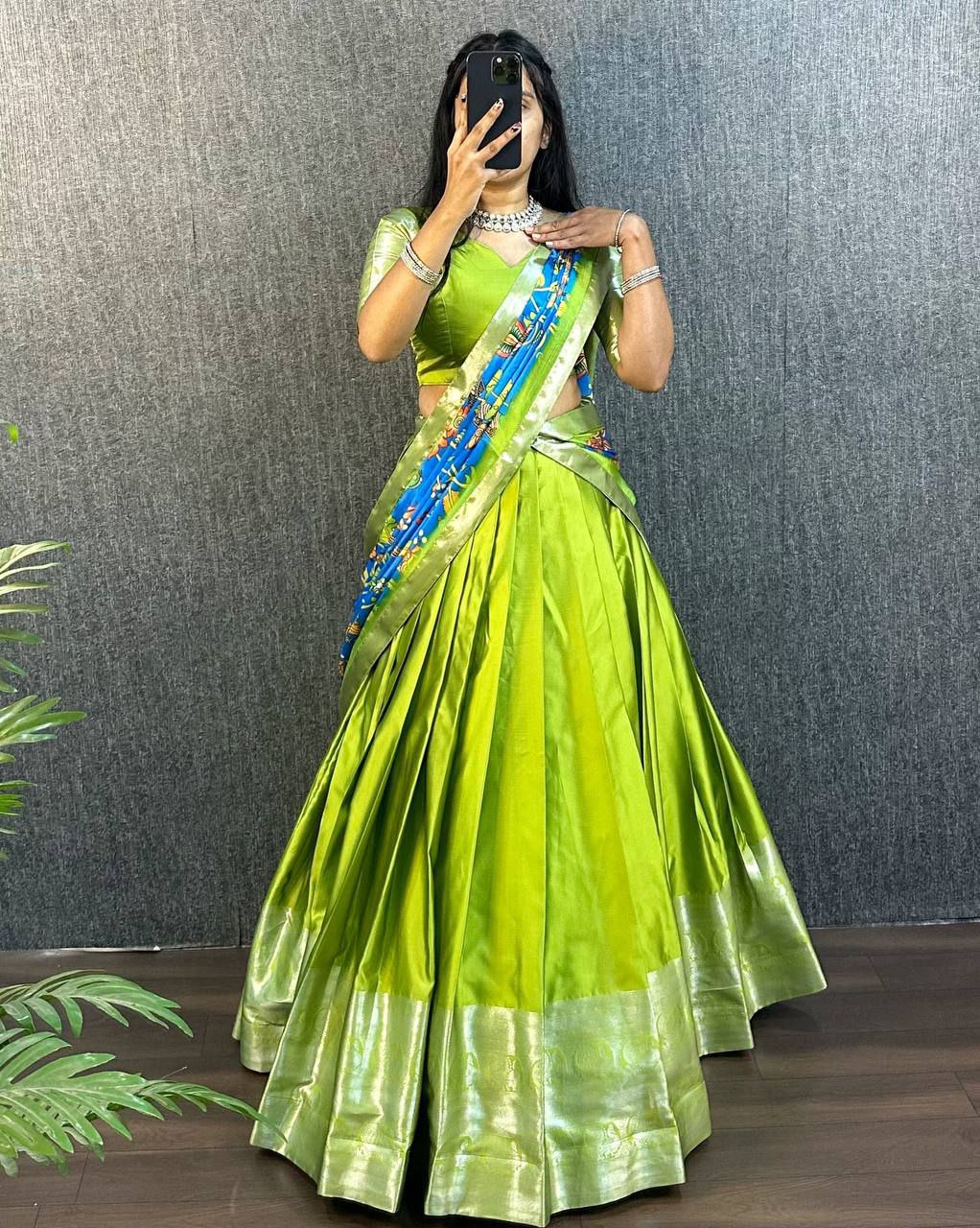 Lime Green & Azure Blue Ethnic Half-Saree Set