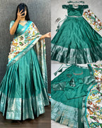 Teal Sea-Green Silk Langa Voni with Traditional Kalamkari