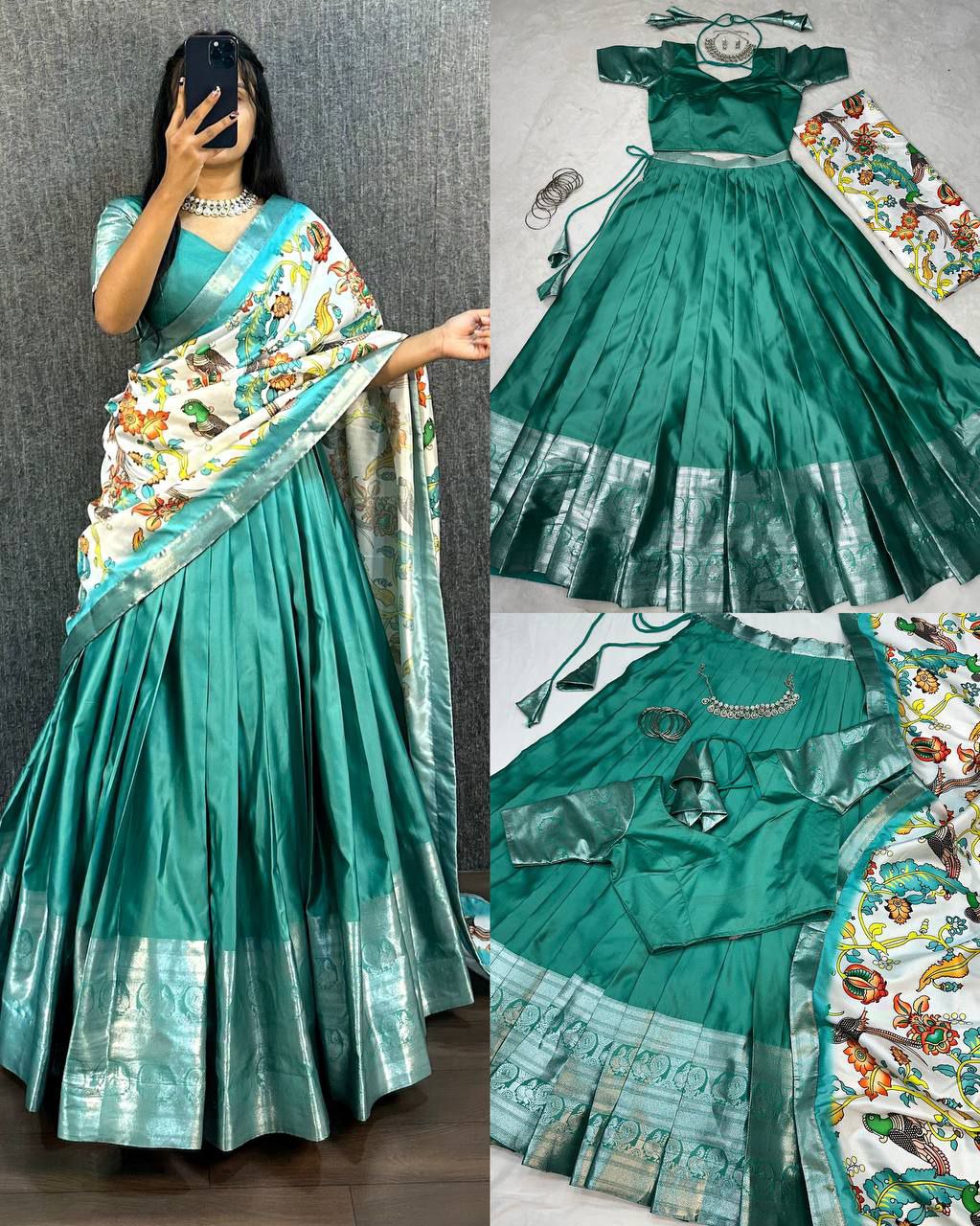 Teal Sea-Green Silk Langa Voni with Traditional Kalamkari