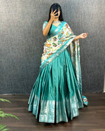 Teal Sea-Green Silk Langa Voni with Traditional Kalamkari