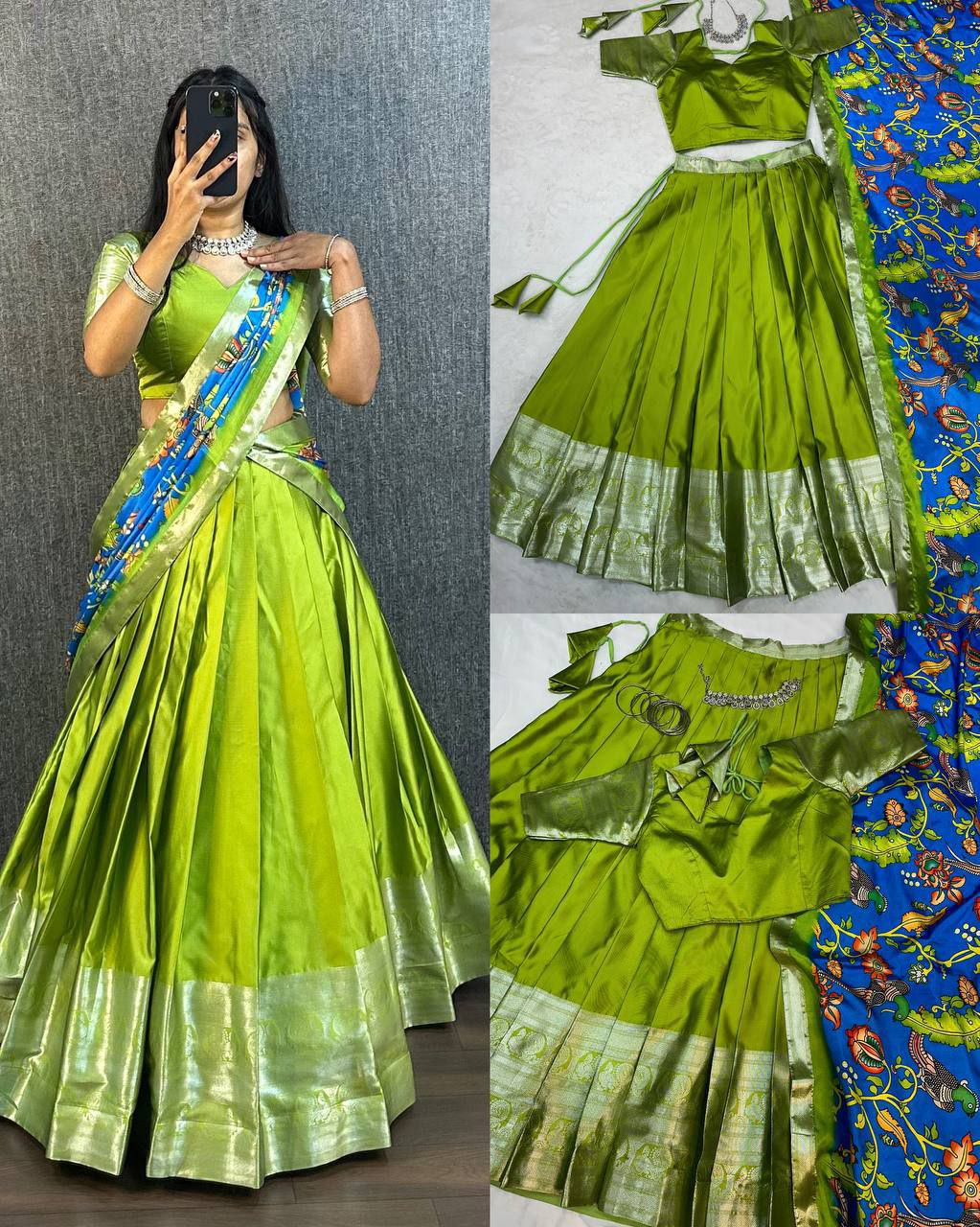 Lime Green & Azure Blue Ethnic Half-Saree Set