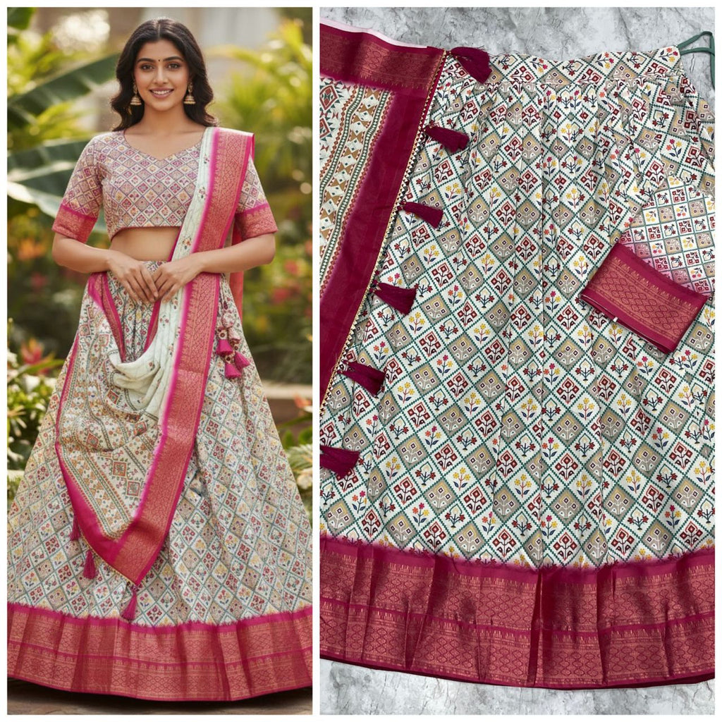 Cream and Magenta Geometric Print Ethnic Lehenga Set with Rich Zari Work