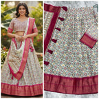 Cream and Magenta Geometric Print Ethnic Lehenga Set with Rich Zari Work