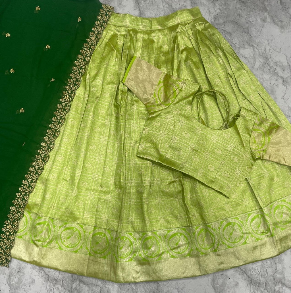 Vibrant Lime Green and Dark Green Traditional Kanchipuram Silk Lehenga Choli Set