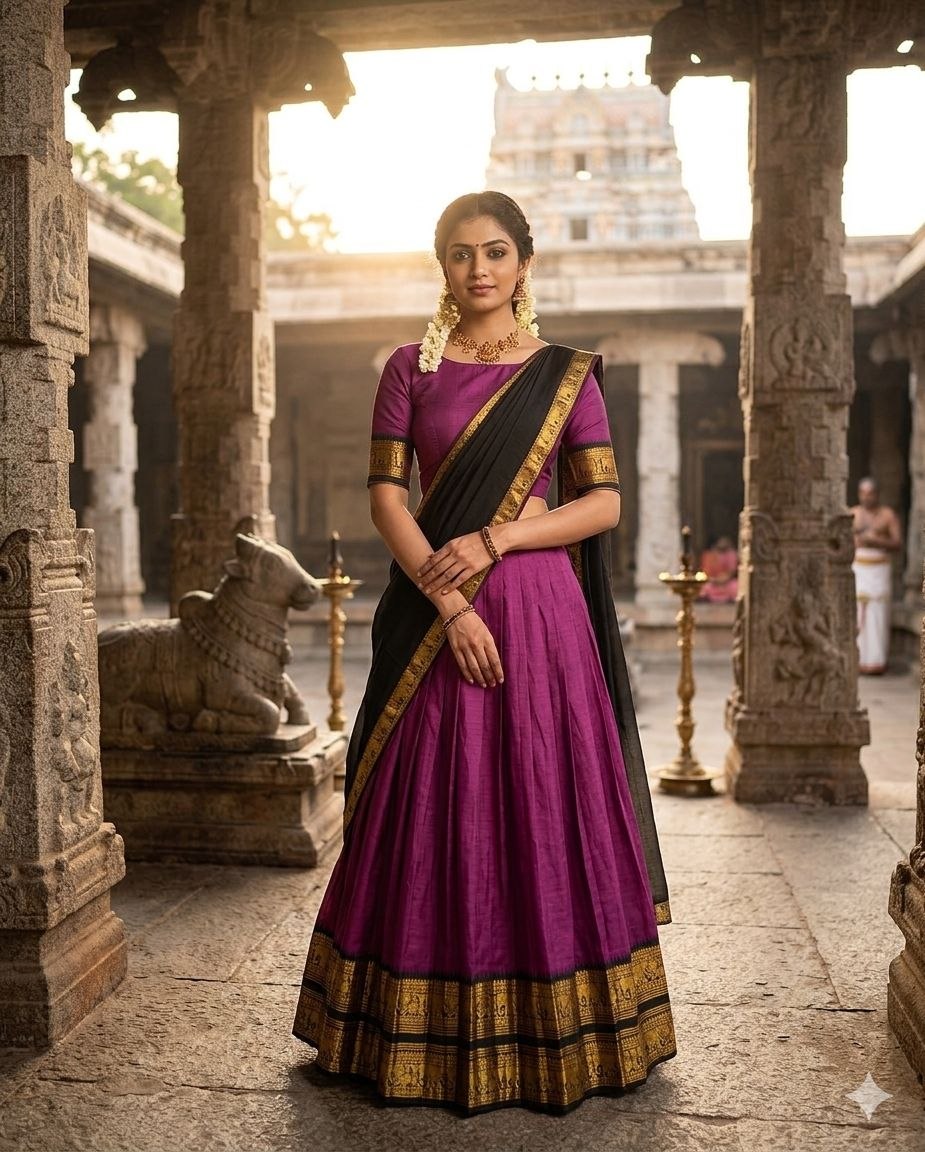 Royal Purple Silk Lehenga with Black & Gold Temple Border | Traditional South Indian Ethnic Wear