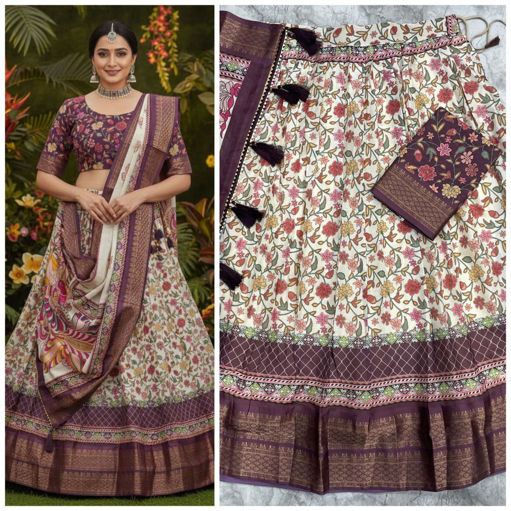 Cream Patola Lehenga with Detailed Kalamkari Peacock Pallu and Rich Purple Zari Borders
