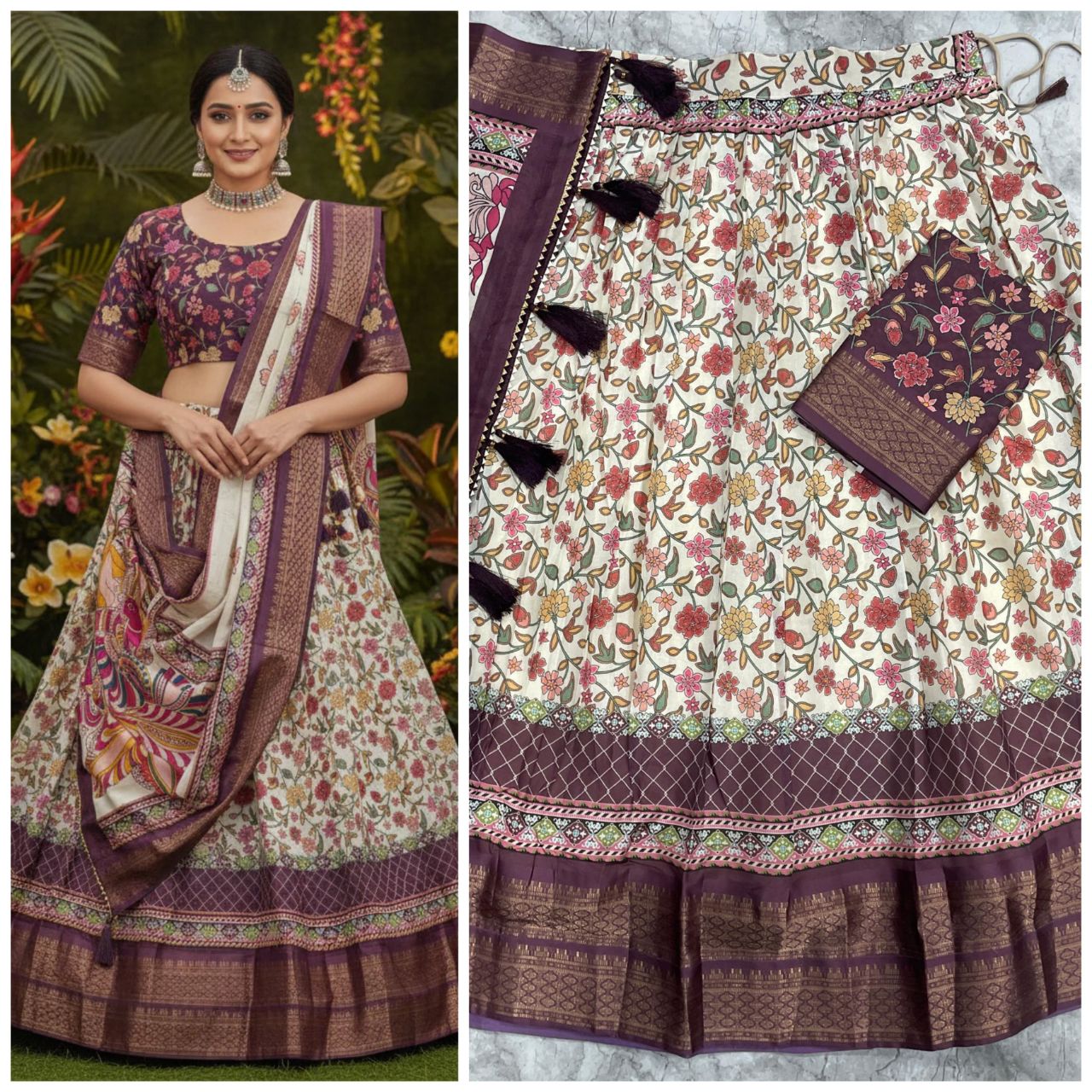 Cream Patola Lehenga with Detailed Kalamkari Peacock Pallu and Rich Purple Zari Borders