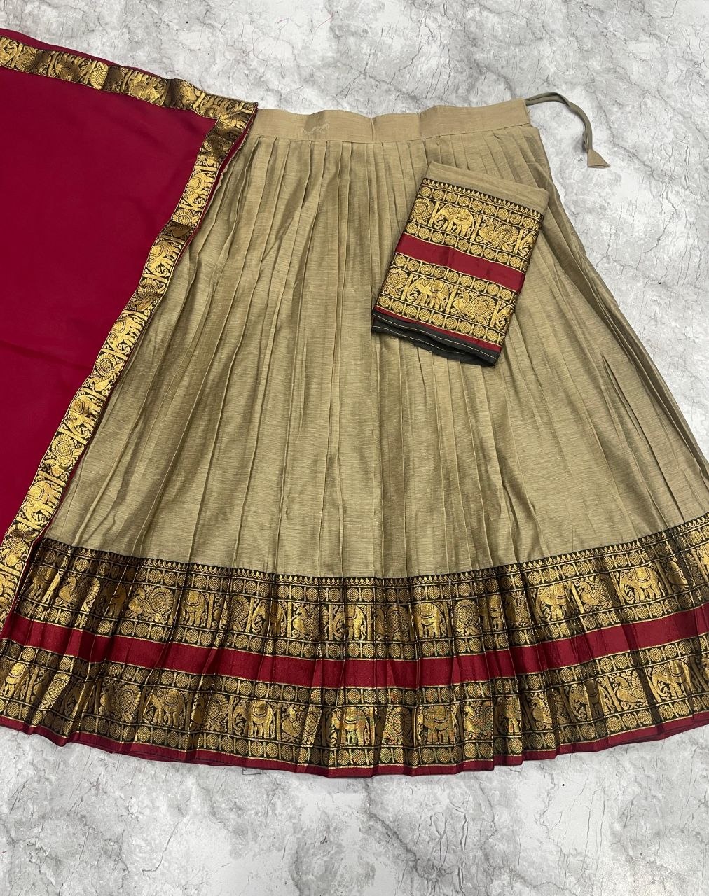 Royal Beige Silk Lehenga with Red & Gold Border | Elegant South Indian Festive Wear
