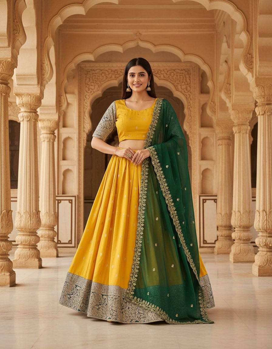 Handcrafted Yellow Silk Lehenga with intricate Banarasi zari work