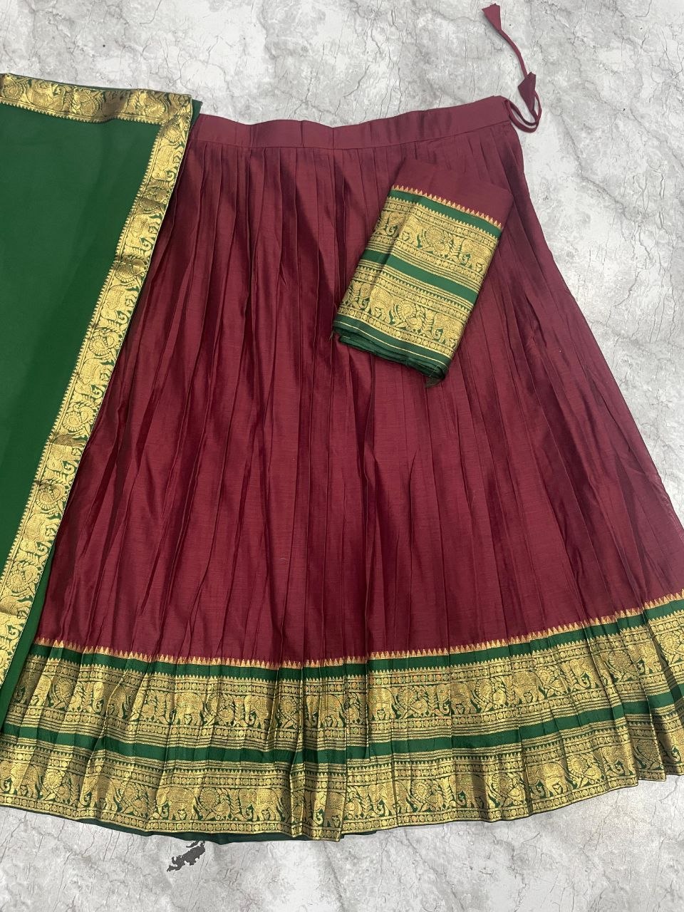Royal Maroon Silk Lehenga with Green Dupatta & Gold Temple Border | Elegant South Indian Ethnic Wear