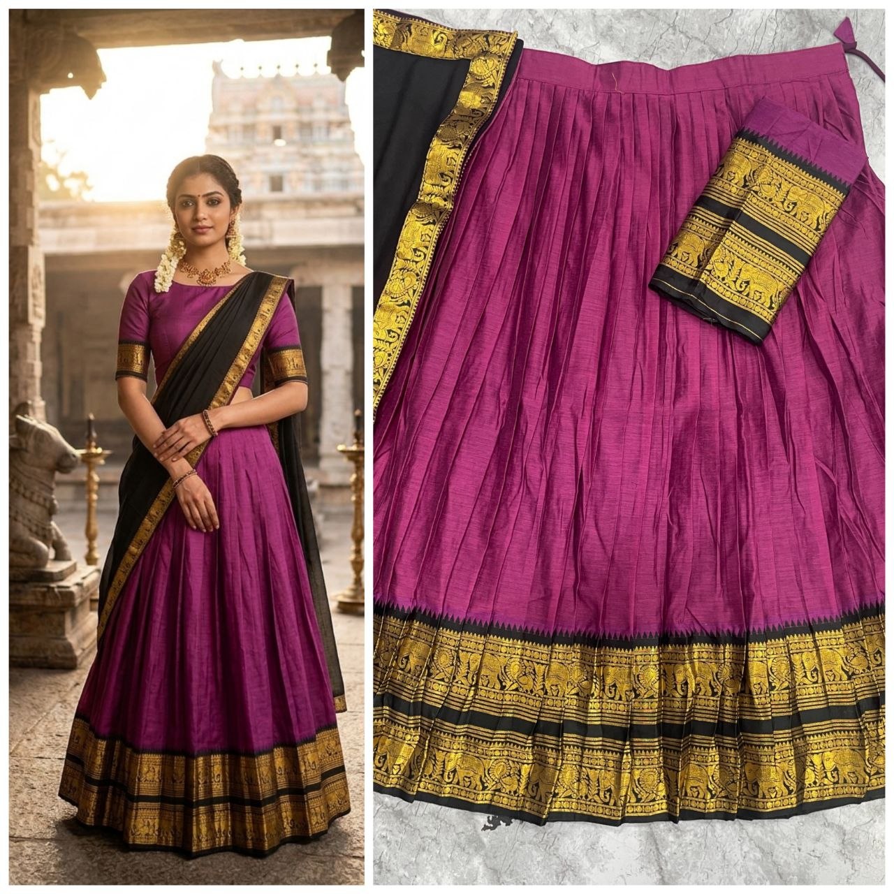 Royal Purple Silk Lehenga with Black & Gold Temple Border | Traditional South Indian Ethnic Wear
