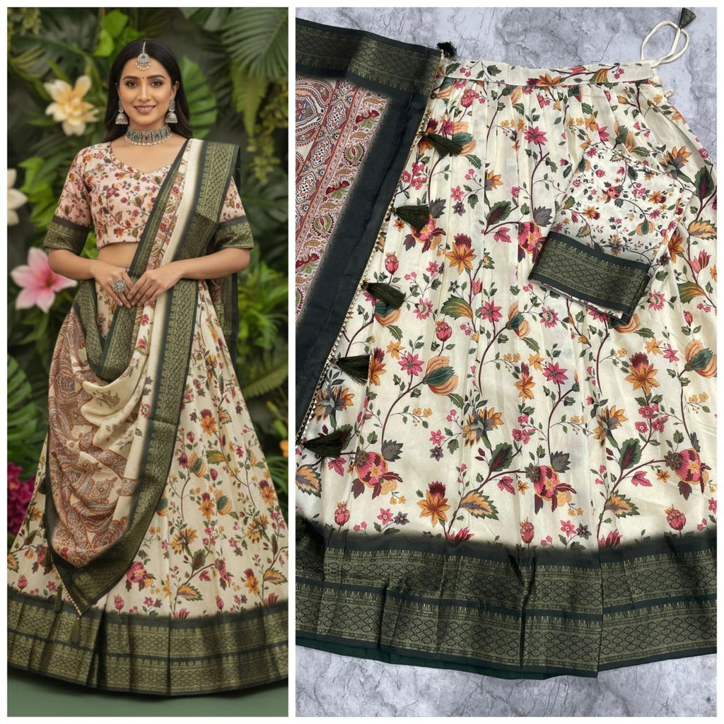 Cream Floral Kalamkari Pattu Half Saree Set with Rich Wine-Purple Borders and Tassels
