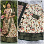Cream Floral Kalamkari Pattu Half Saree Set with Rich Wine-Purple Borders and Tassels