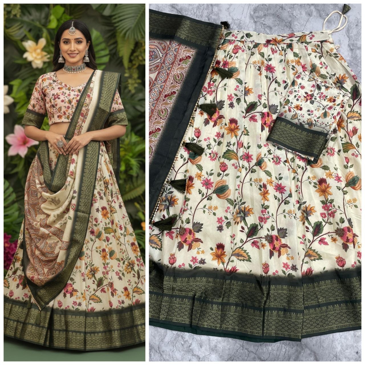 Cream Floral Kalamkari Pattu Half Saree Set with Rich Wine-Purple Borders and Tassels