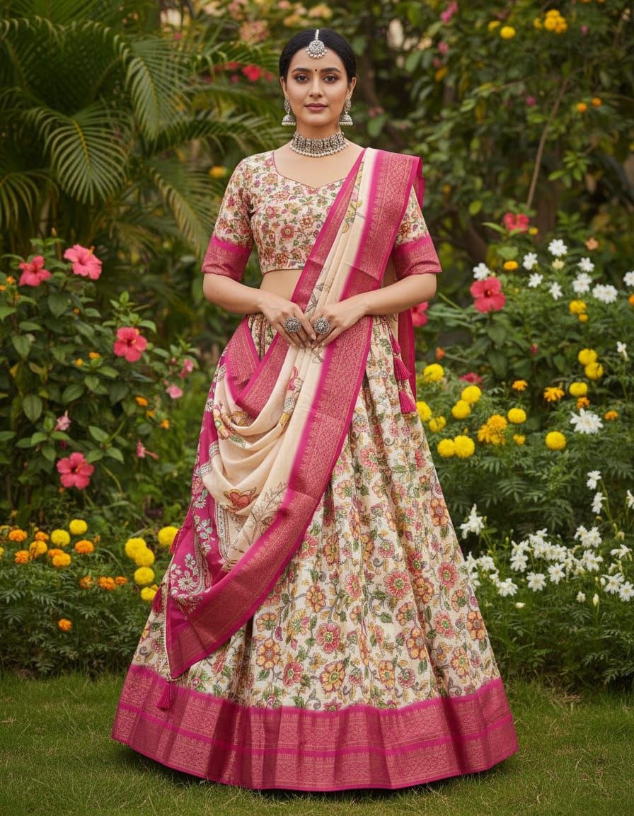 Cream & Magenta Patola Silk Half Saree Set with Traditional Zari Border and Hand-Painted Style Pallu