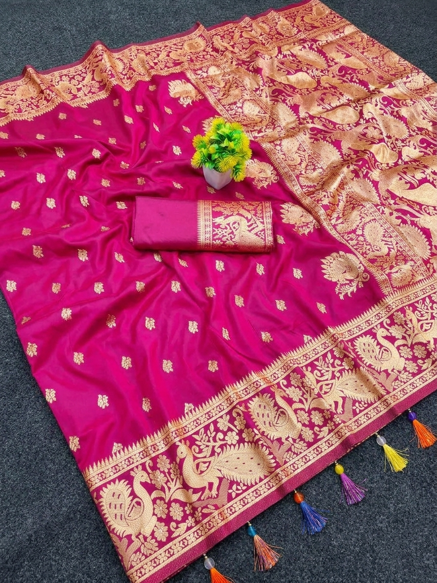 Vibrant Pink Banarasi Silk Saree with Gold Zari Peacock Border