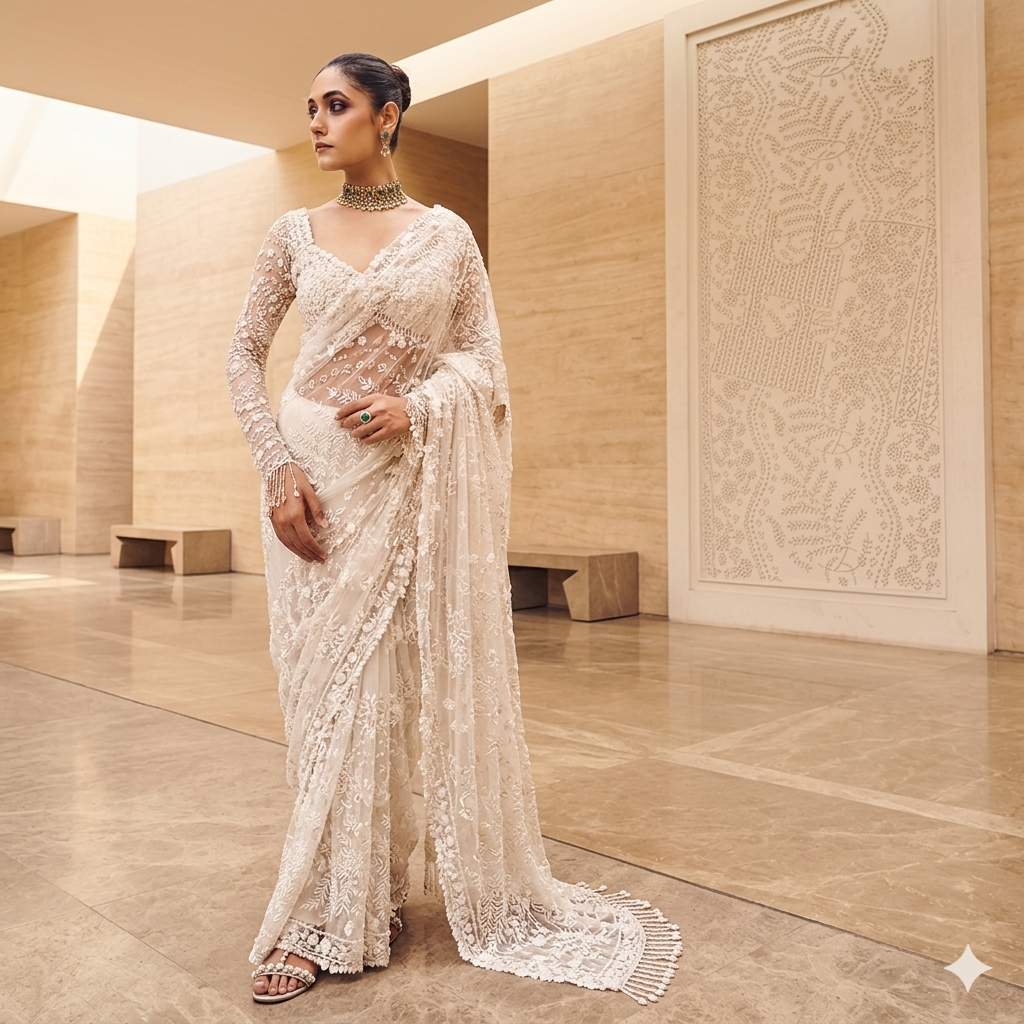 A timeless maroon masterpiece with intricate gold mirror-work and a coordinating full-sleeved blouse.