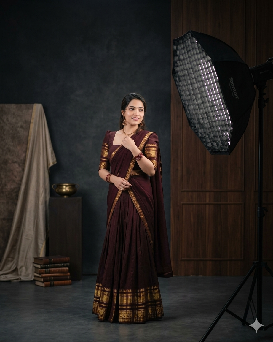 raditional Coffee Brown Silk Lehenga Choli Set with Matching Voni and Floral Zari Work