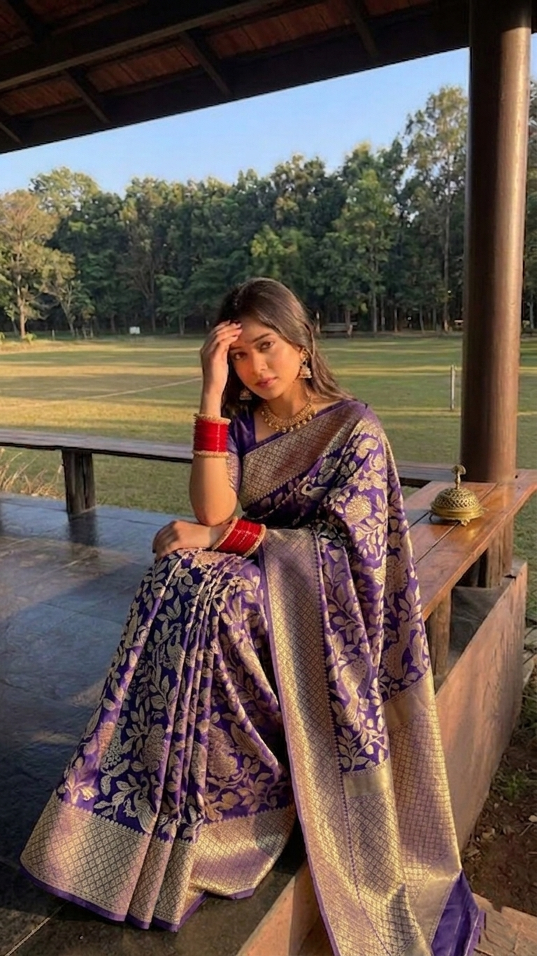 Elegant Purple Banarasi Saree Ensemble