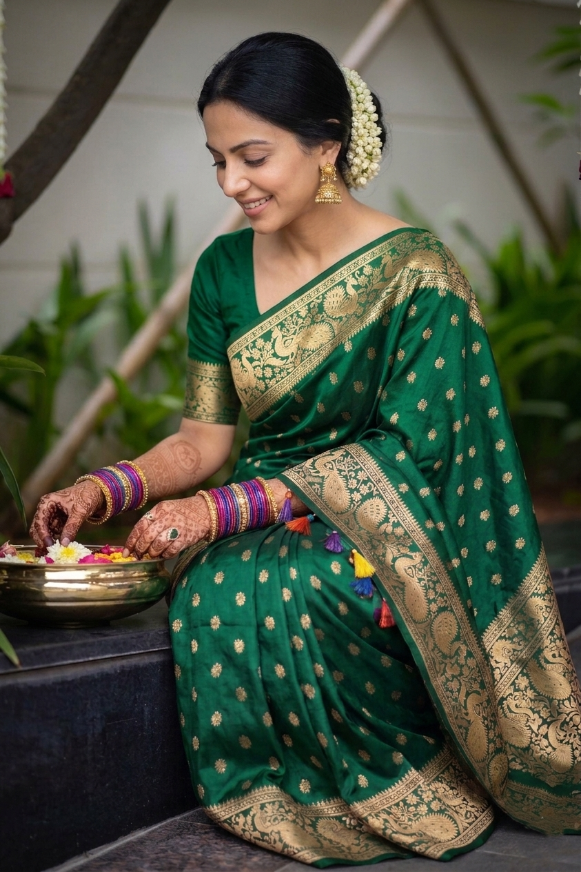 Emerald Green Banarasi Silk Saree with Traditional Gold Zari Border