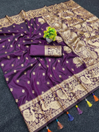Royal Purple Banarasi Silk Saree with Gold Zari Peacock Border