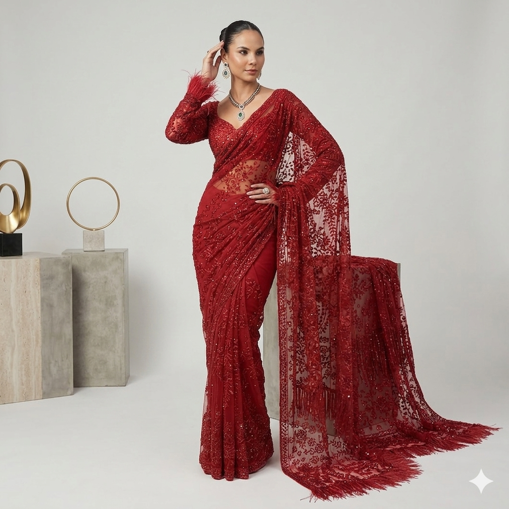 Crimson Muse: Embroidered Net Saree with Feather Accents