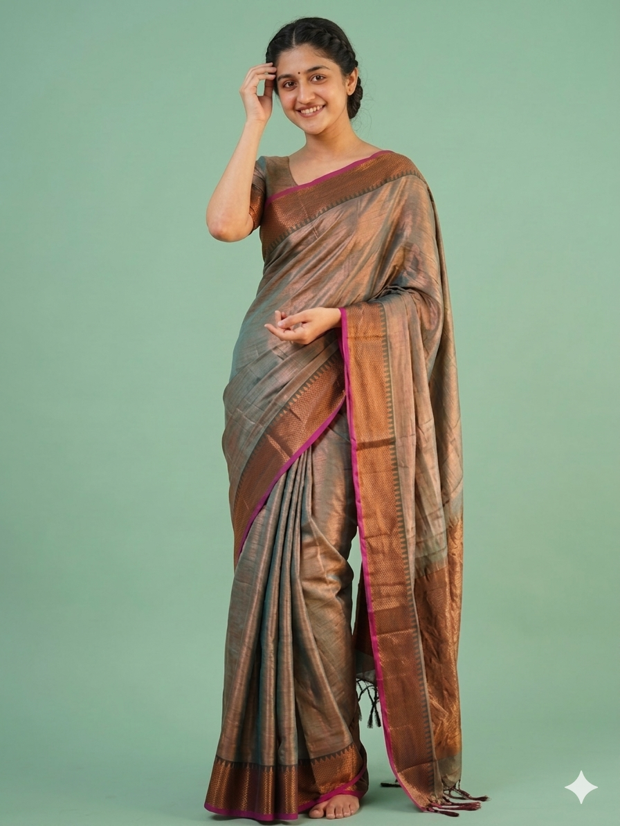 Elegant Metallic Grey Silk Saree with Maroon Border