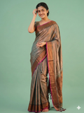 Elegant Metallic Grey Silk Saree with Maroon Border