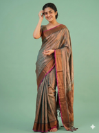 Elegant Metallic Grey Silk Saree with Maroon Border